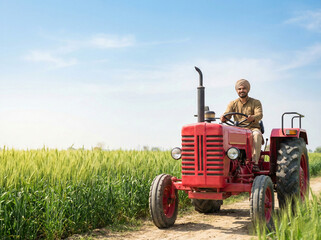 indian farmer operating generic tractor along lush farmland with open copy space highlighting agricultural growth and mechanized farming