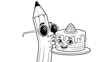 A cartoon pencil character holding a fork and standing beside a smiling cake.