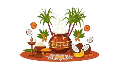 Pongal festival celebration traditional harvest symbols with sugarcane and pot of rice vector illust