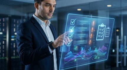 Businessman Interacting with Futuristic Digital Interface Displaying Checklist, Graphs, and Data Analytics in a Modern Office