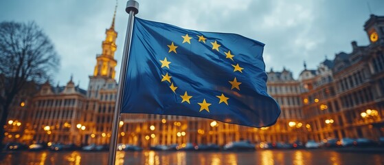 European Union Flag Waving in Front of Illuminated Historical Buildings at Dusk