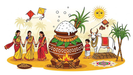 Pongal festival celebration traditional harvest scene with pot sugarcane and people vector illustrat