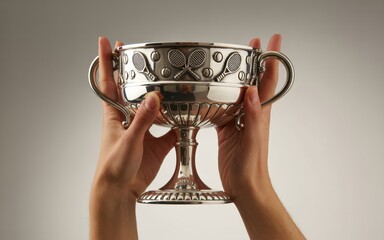 Hands holding a silver trophy cup with ornate designs and handles