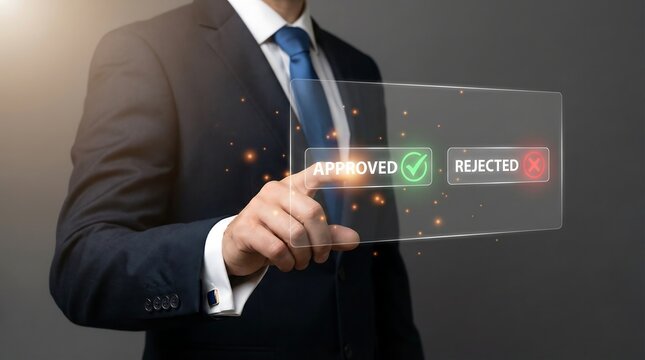 Businessman's finger touching a transparent screen displaying 'APPROVED' with a green checkmark and 'REJECTED' with a red cross, symbolizing decision making.