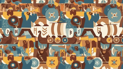 Viking pattern with ships and warriors flat vector illustration for textile and wallpaper design his