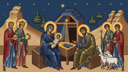 Nativity scene illustration traditional Byzantine icon style depicting Mary Joseph baby Jesus and wi