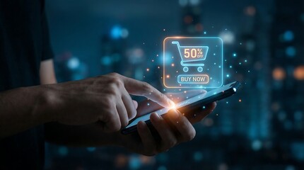 Customer taps buy now button on smartphone screen with 50% off discount displayed in futuristic interface, representing online shopping.