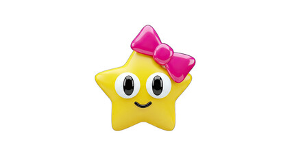 3D Cute cartoon star with a pink bow and big eyes on transparent background