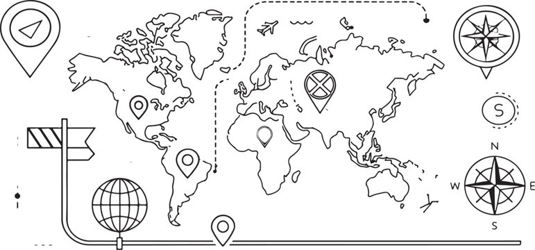 Hand drawn vector illustration of an old tree shaped like a global world map with continents and countries for an international travel atlas
