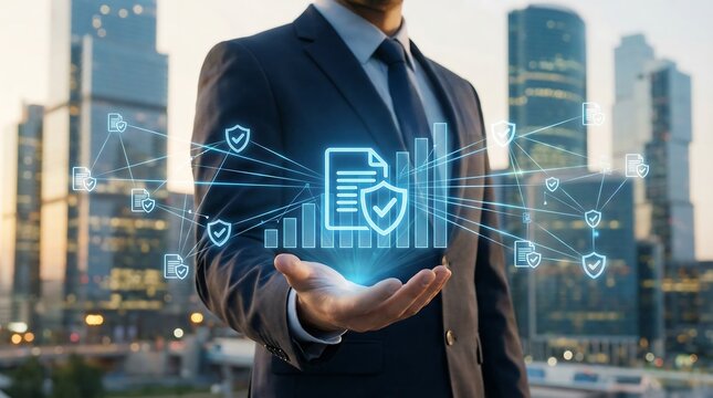 Businessman holding digital document with security shield and network connections against cityscape background, data protection concept illustration - Powered by Adobe