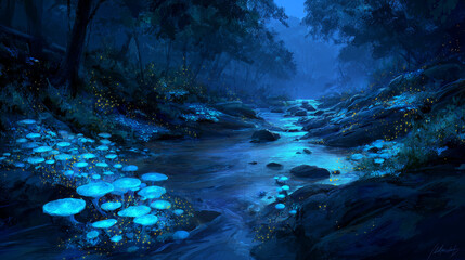 Obraz premium Bioluminescent fungi glowing with vibrant blue light on a tranquil forest stream in a mystical woodland setting