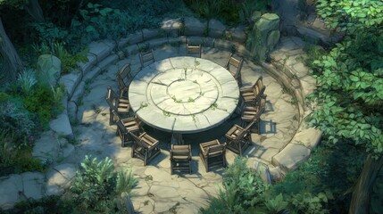 Fototapeta premium Serene outdoor circular stone table surrounded by wooden chairs in a lush green forest setting