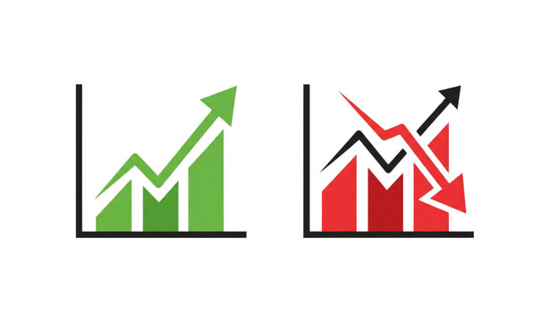 Up and down graph chart vector icon set with green growth and red decline arrows isolated on white background