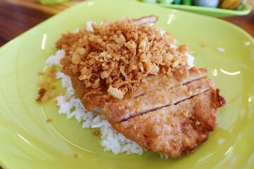 Pork cutlet rice bowl, a popular Asian dish.