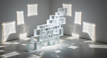 Contemporary art installation of clear stacked blocks, casting luminous geometric patterns and shadows, exploring light's interaction with form in a modern gallery space
