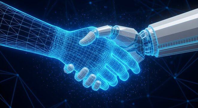 Human and robot handshake in digital style, symbolizing collaboration between artificial intelligence and humanity. - Powered by Adobe