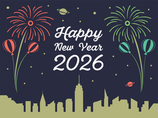 Happy New Year 2026 Celebration Banner Design with Fireworks, Gold Text and Festive Background