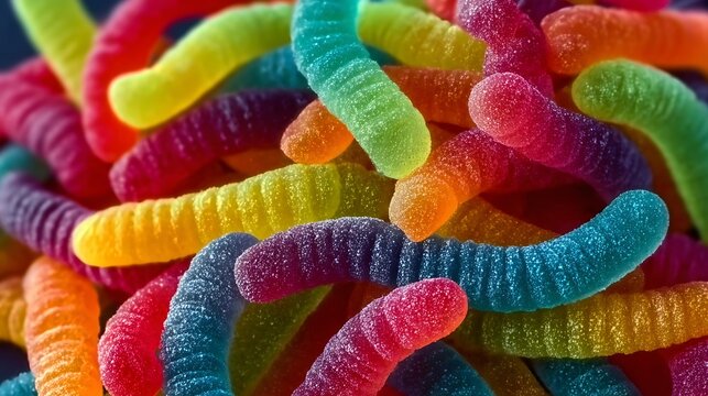 Colorful gummy candy jelly worms in close up, gummy, candy, worms, colorful, sweet, close up, gelatin, treat, snack, tasty