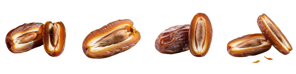 Obraz premium Set of Whole Dates and Pitted Date Halves, Oil Paint Style, Isolated on Transparent Background, PNG