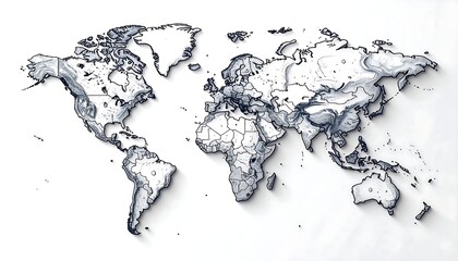 Monochrome, stylized world map with detailed borders and shaded topography