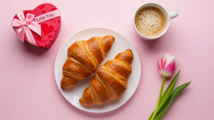Delicious croissants and coffee for valentine's day