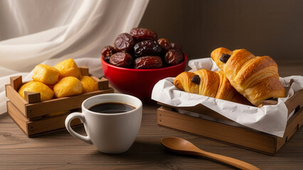Delicious breakfast with coffee and fresh pastries