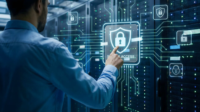 IT expert touching secure access shield icon in data center server room,cybersecurity infrastructure protection,network safety firewall management,digital privacy and encryption. - Powered by Adobe