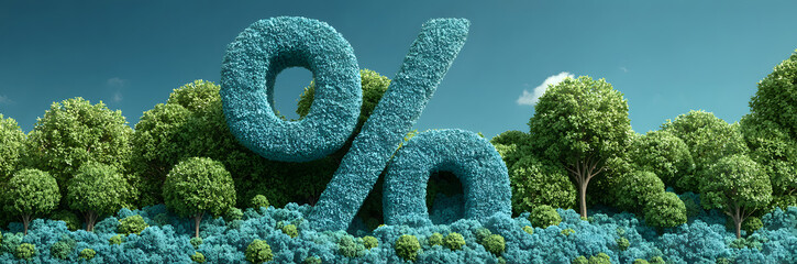 Blue percentage sign growing out of green bushes under a blue sky, symbolizing natural growth and environmental investment return.