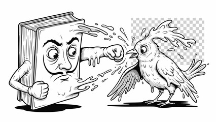 A cartoon book character spitting water at a bird.