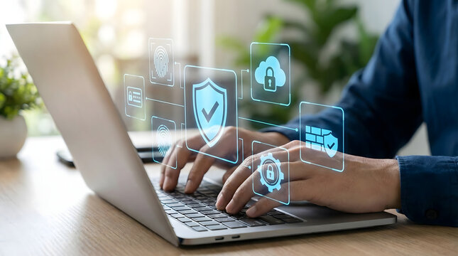 Professional,user,logging,into,secure,system,on,laptop,with,biometric,fingerprint,and,firewall,protection,shield,icons,representing,data,privacy,and,advanced,network,security,infrastructure. - Powered by Adobe