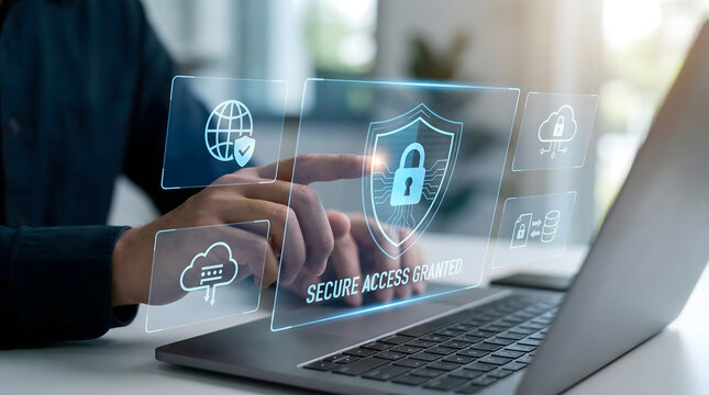 Hand,pointing,at,digital,display,showing,secure,access,granted,message,with,padlock,and,shield,symbols,concept,of,authorized,entry,into,confidential,cloud,database,and,corporate,information.