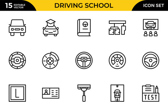 Driving School  web icons in line style Cars, Traffic, Education, and Transportation. Thin outline icons pack. Vector illustration
