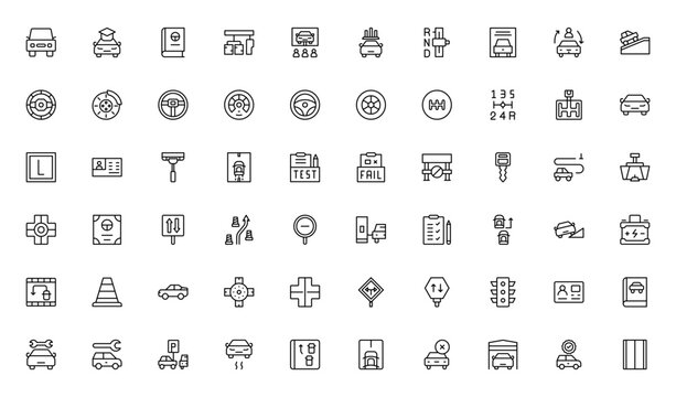 Set of 60 Driving School  web icons in line style Cars, Traffic, Education, and Transportation. Thin outline icons pack. Vector illustration