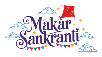 Happy Makar Sankranti colorful typography greeting with flying kite, clouds and festive bunting isolated on white background for Indian harvest festival © Zavivec