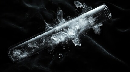 Close up microscopic view of solidified crystalline ice structures with swirling vapor and water droplets against a dark background