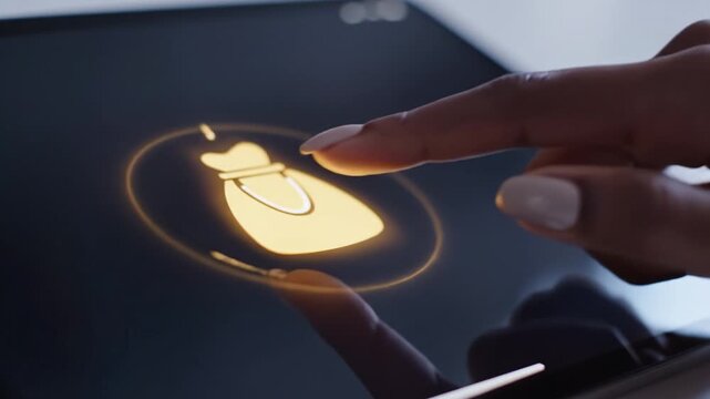 Finger touching glowing hat icon digital tablet screen with hand interacting privacy incognito mode, digital screen showing glowing bird and shopping bag icons tablet device for seamless user