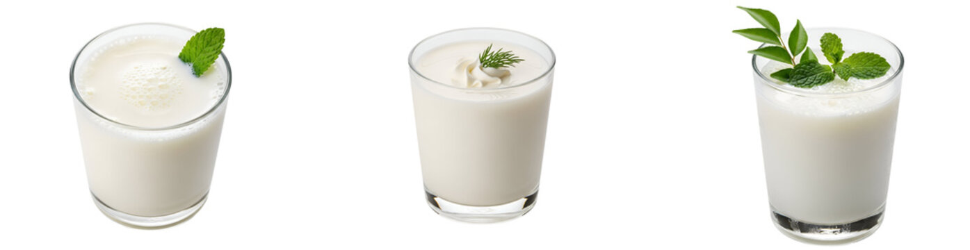 Three glasses of buttermilk with mint and dill on a plain setting showcasing a refreshing beverage on transparent background