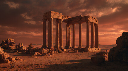 Fototapeta premium Cinematic shot of ancient greek ruins with towering stone columns in a desert at sunset, warm orange and red hues illuminating the weathered marble structures