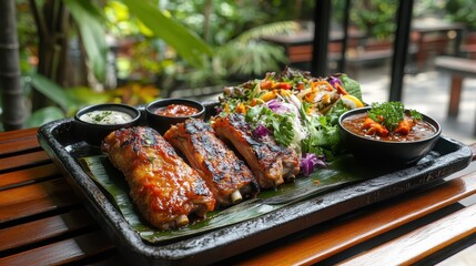 Close up of grilled barbecue ribs with sauces on a platter
