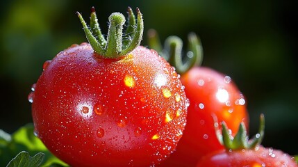 Close up of sun drenched cherry tomatoes with water drops