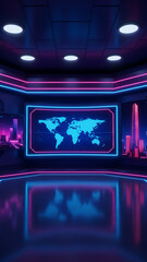 Obraz premium Modern global news studio with digital world map background perfect for news broadcast background, virtual event stage, Global Digital Broadcast / Virtual Event Studio