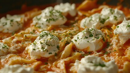 Close up of traditional borscht soup with sour cream detail