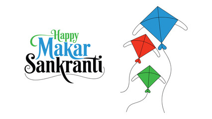 Happy Makar Sankranti colorful flying kites illustration with elegant typography isolated on white background for Indian harvest festival greeting design © Zavivec
