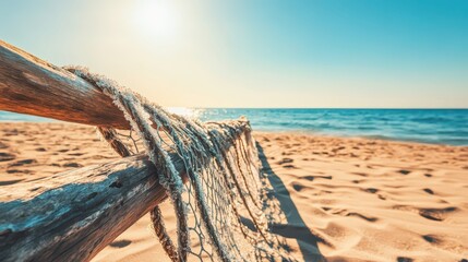 Close Up of Weathered Fishing Net on Sunny Beach