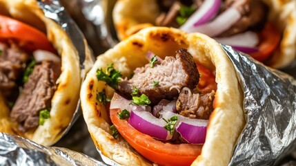 Close up shot of Greek gyros with pork and vegetables