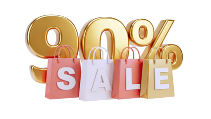 3D 90% Sale with Shopping Bags on transparent background