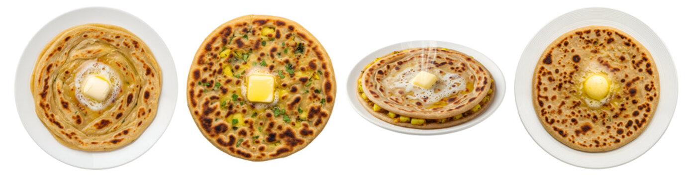 Four plates displaying different types of paratha with butter on top against a plain setting on transparent background