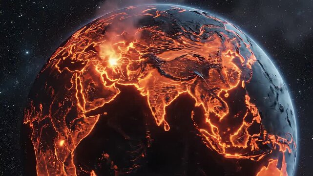 Dark Volcanic Earth Globe Rotating with Glowing Orange Magma Tectonic Lines