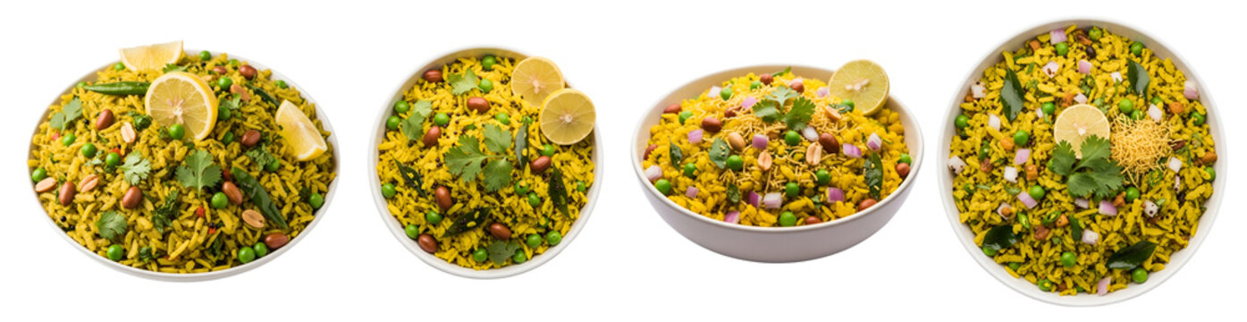 Four bowls of poha with lemon, peas, and peanuts arranged in a horizontal line on a neutral surface on transparent background