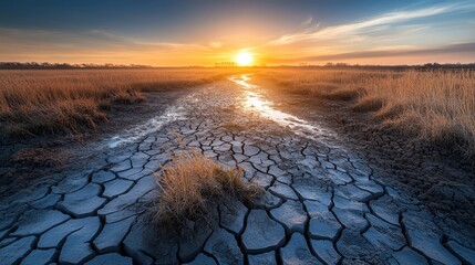 Cracked dry earth landscape with a path of water leading towards a vibrant sunset sky